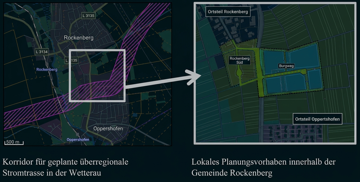 Zwei Karten: Korridor für geplante Stromtrasse (links) und vergrößerte lokale Bauplanung in Rockenberg (rechts).